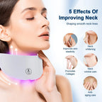 Woman using a neck device with text on 5 effects of improving neck